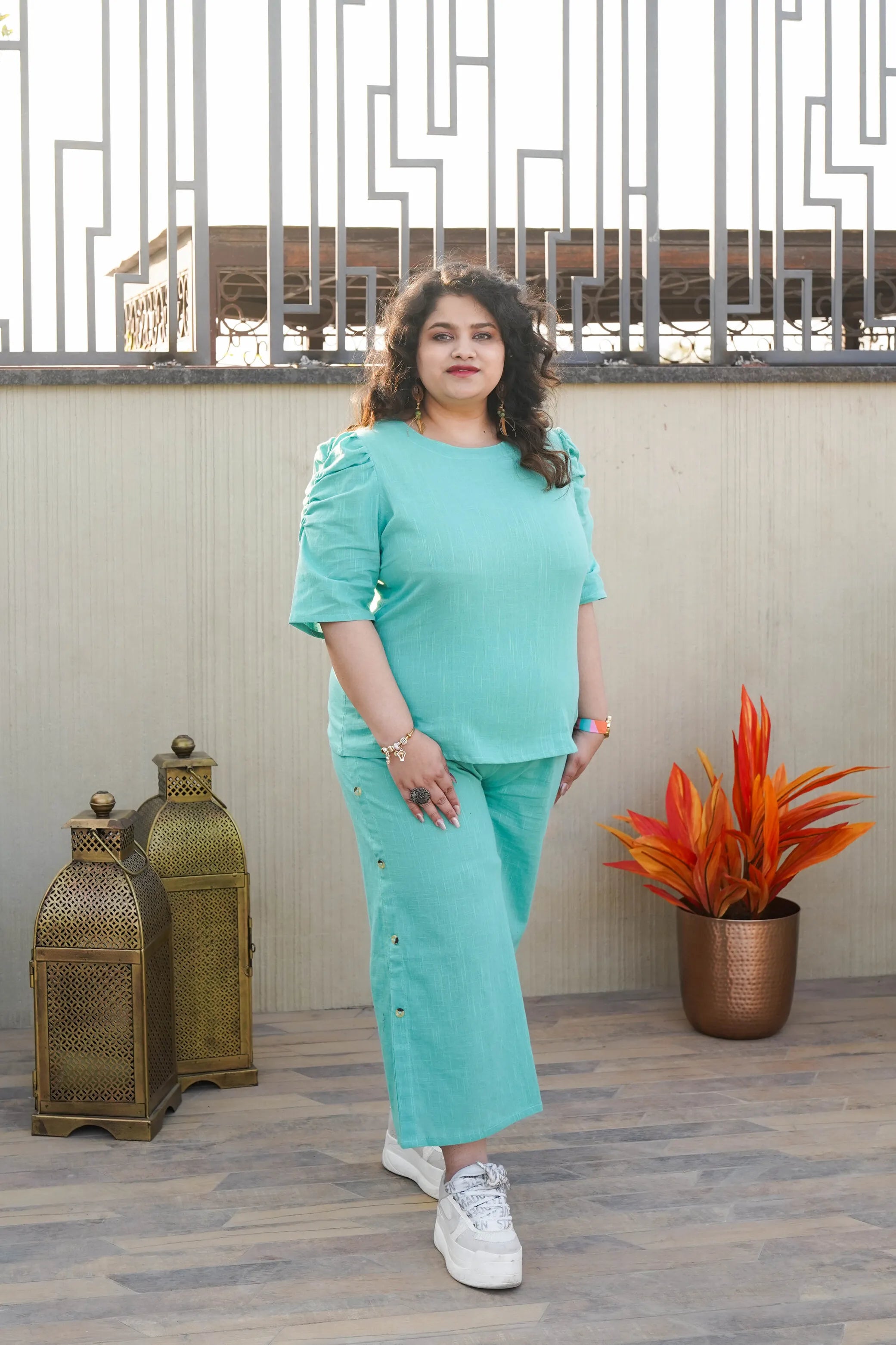 Aqua Ease Cotton Co-ord Set With Wooden Buttons