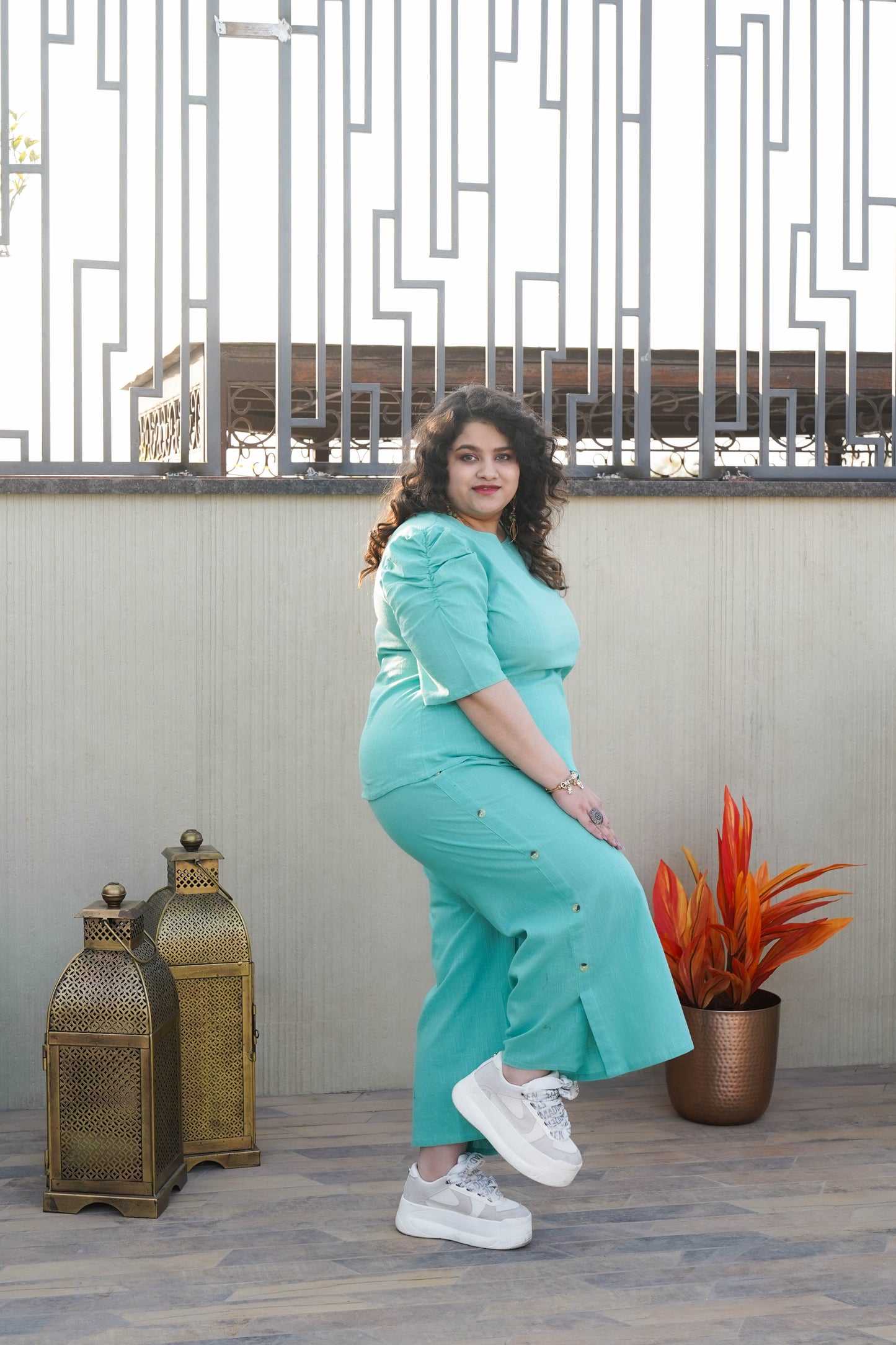 Aqua Ease Cotton Co-ord Set With Wooden Buttons