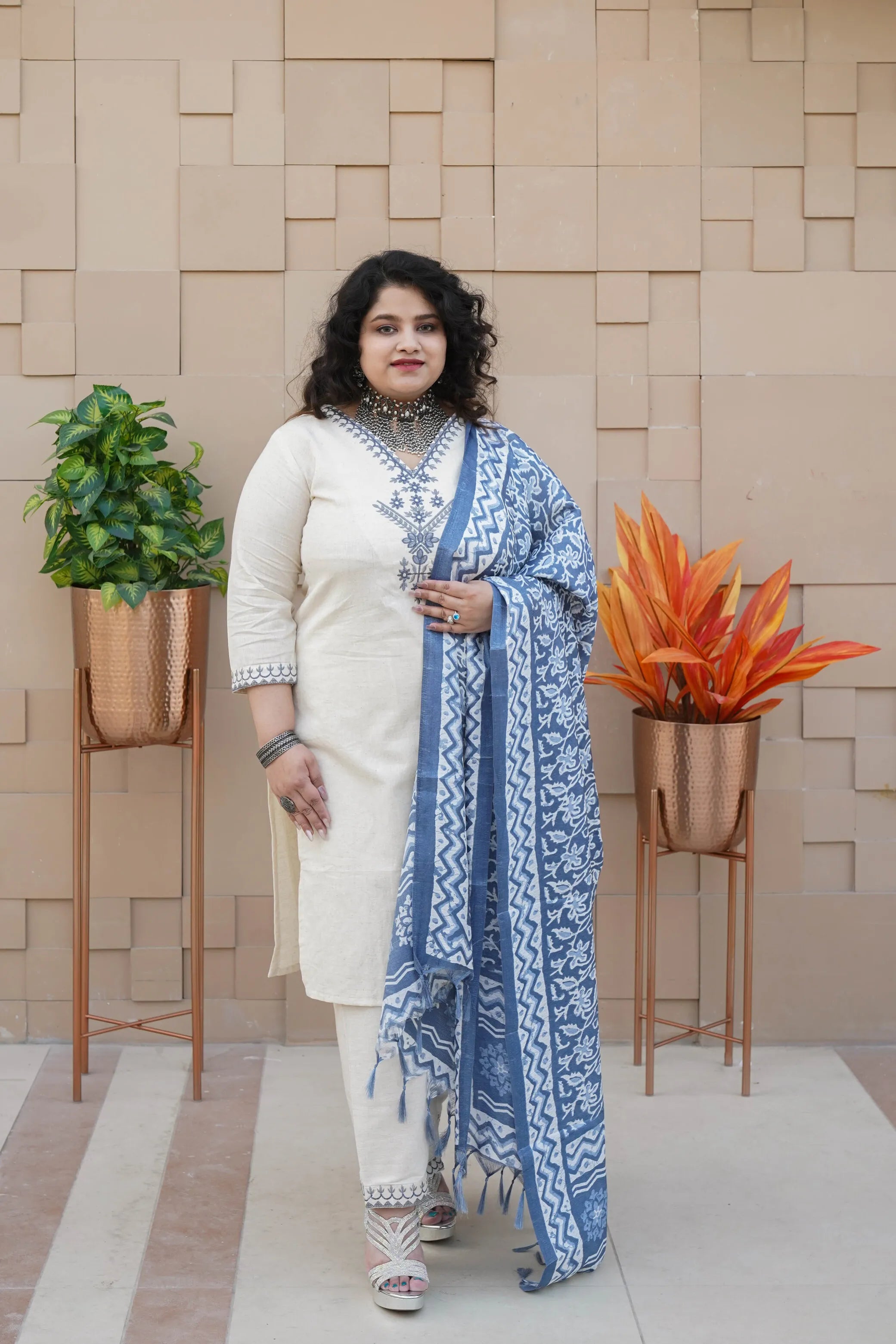 Neelvana Ivory Phulkari Embroidered Khadi Kurta Set With Bagru Handblock Dupatta