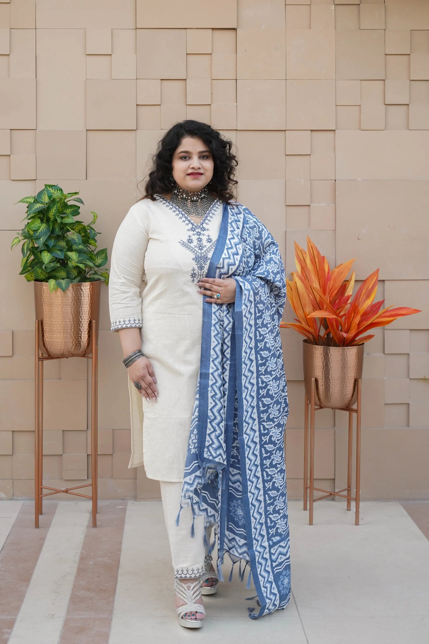 Neelvana Ivory Phulkari Embroidered Khadi Kurta Set With Bagru Handblock Dupatta