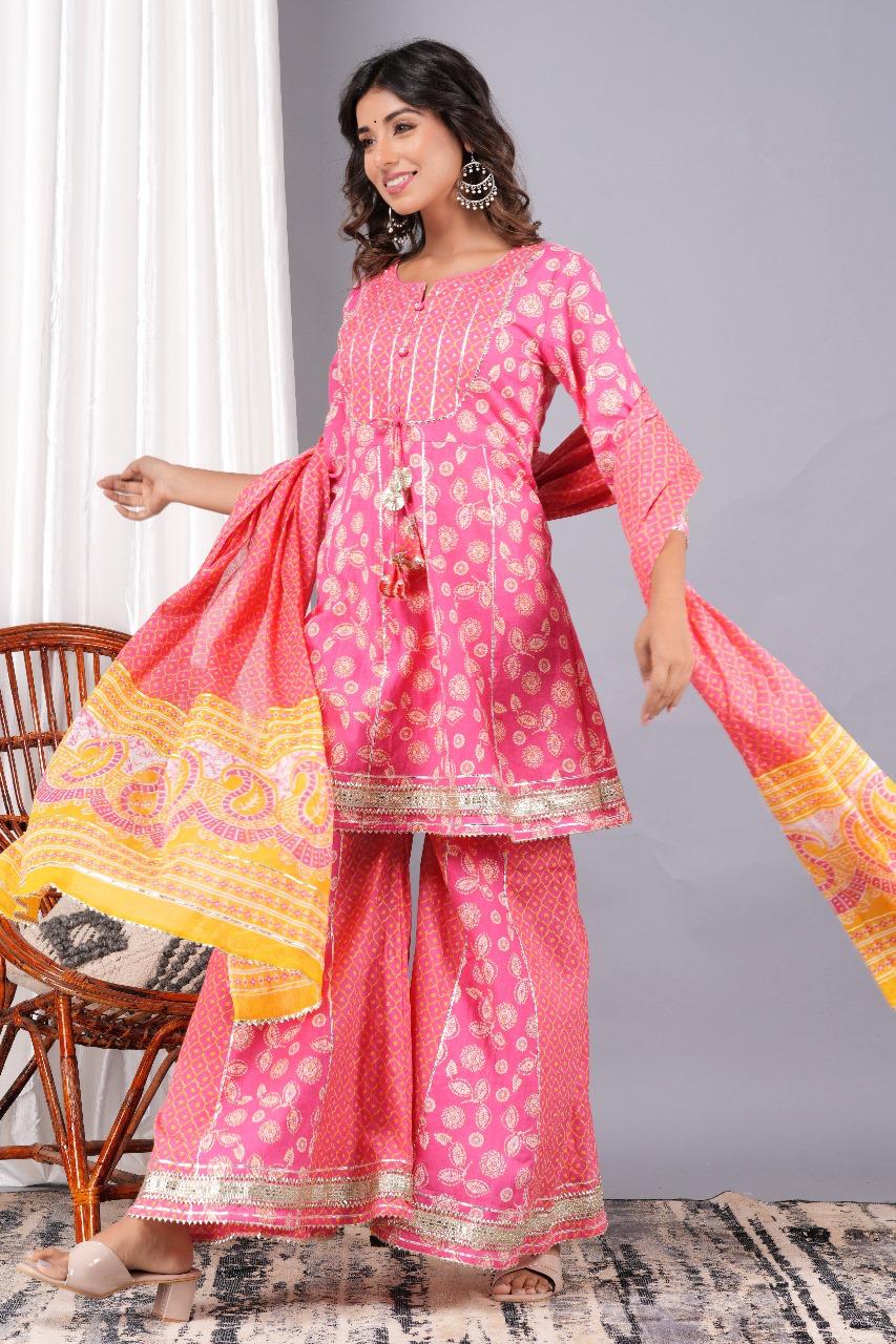 Vaidehi Pink Handblock Cotton Kurta Set With Gota Work