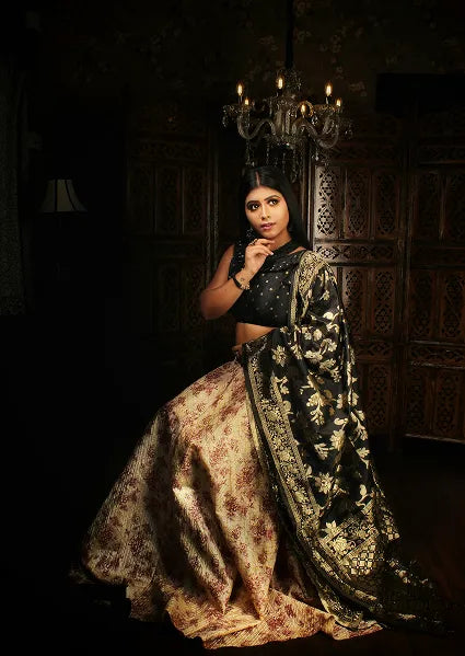 Neerja Black Floral Print Roman Silk Lehenga