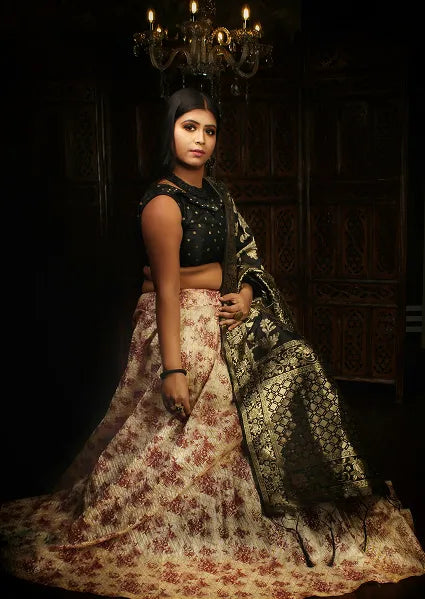 Neerja Black Floral Print Roman Silk Lehenga