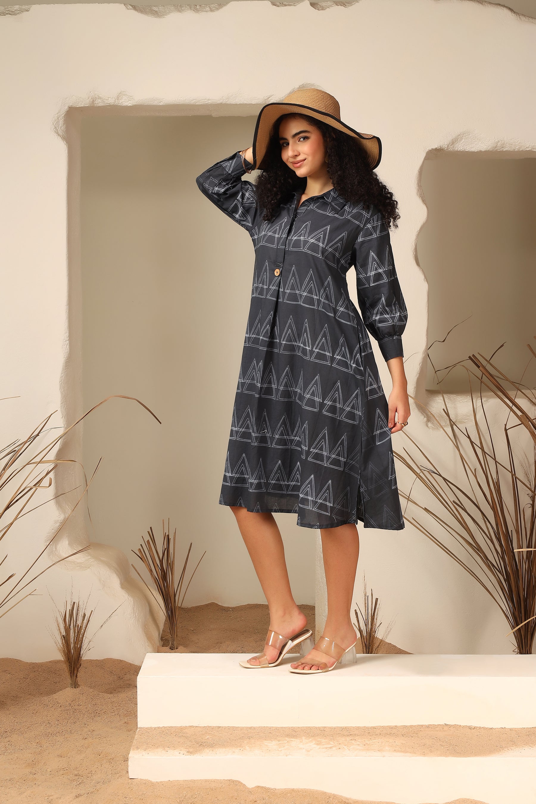Kala Khatta black shibori tie-dye cotton dress, handcrafted summer wear - World of Toji