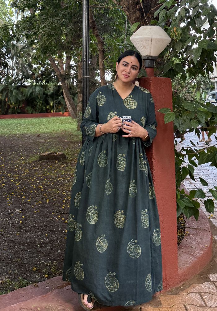 Conch Anarkali Ajrakh Cotton Kurta - Bottle Green