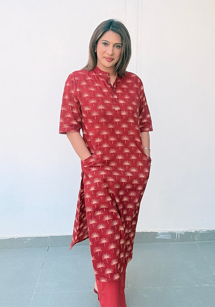 Maple A-line Ajrakh cotton kurta set in madder red - World of toji