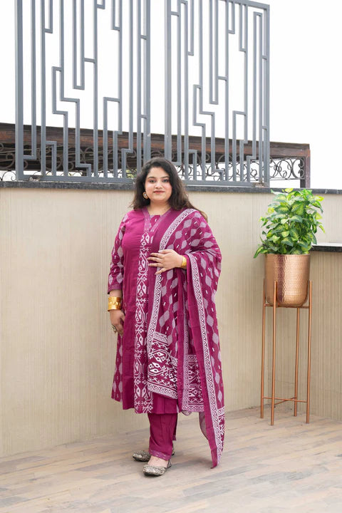 Anaarbaari Wine Ikat Handblock Printed Cotton Kurta Set