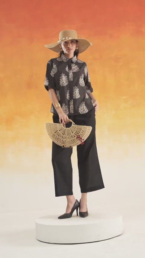 Black Pine Ajrakh cotton shirt co-ord set for women - World of toji