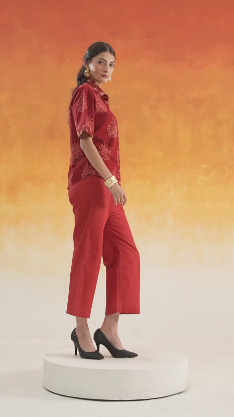 Madder red Pine Ajrakh cotton shirt co-ord set - World of Toji
