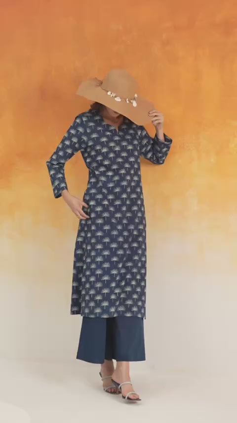 Maple straight Ajrakh cotton kurta set indigo - World of Toji