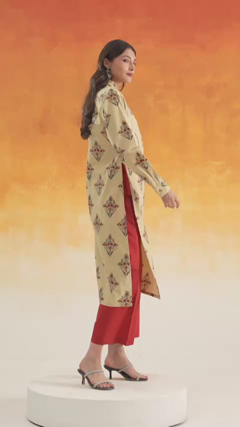 Buta shirt-style Ajrakh cotton kurta set ivory - World of Toji
