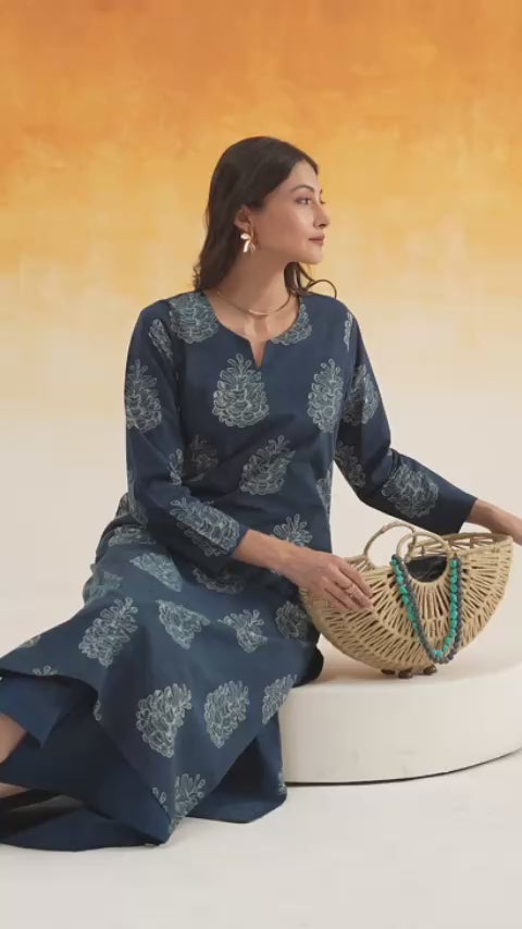 Pine straight Ajrakh cotton kurta set indigo - World of Toji