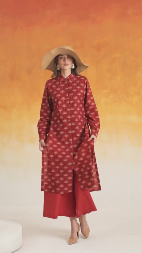 Maple shirt-style Ajrakh cotton kurta set in madder red