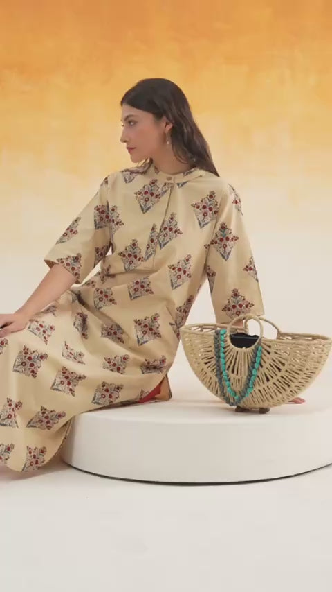 Ivory Buta A-line Ajrakh cotton kurta set for women - World of Toji