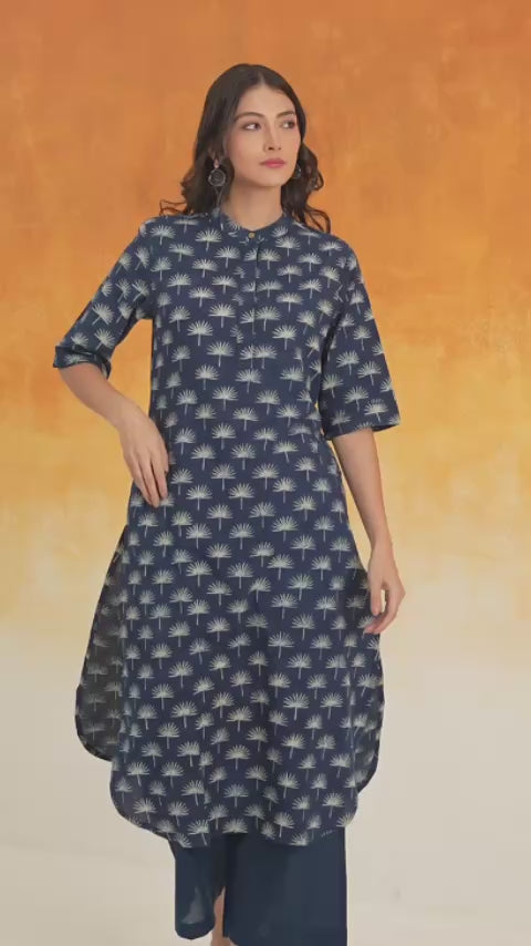 Maple A-Line Ajrakh Block Print Cotton Kurta Indigo - World of Toji