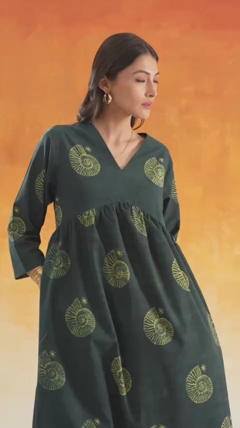 Bottle Green Conch Anarkali Ajrakh Block Print Cotton Kurta - World Toji