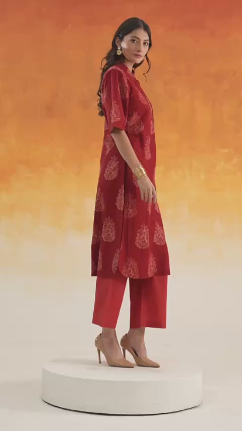 Madder red Pine A-line Ajrakh cotton kurta set - World of Toji