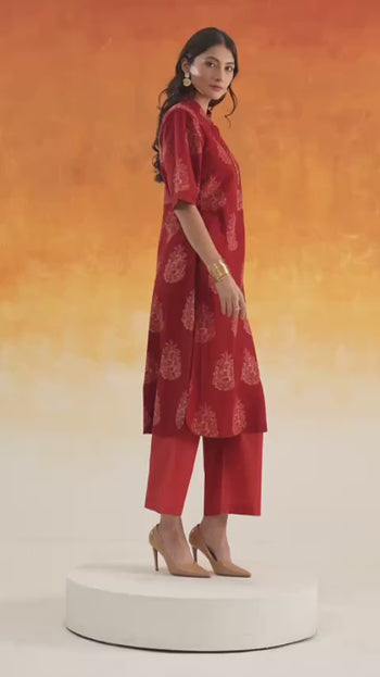 Madder red Pine A-line Ajrakh cotton kurta set