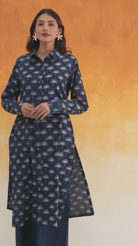 Maple shirt-style Ajrakh cotton kurta set indigo - World of Toji