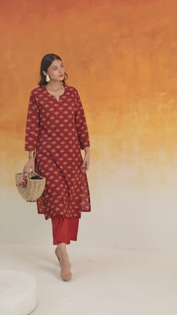 Maple straight Ajrakh cotton kurta set in madder red