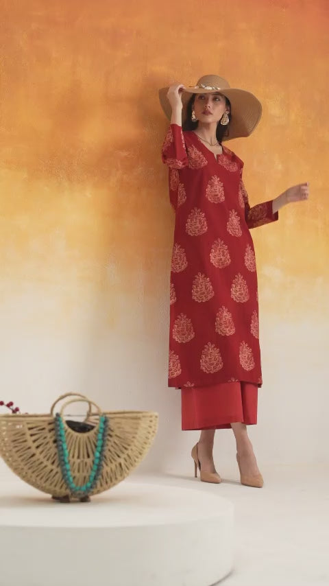 Pine straight fit Ajrakh cotton kurta set in madder red - World of Toji