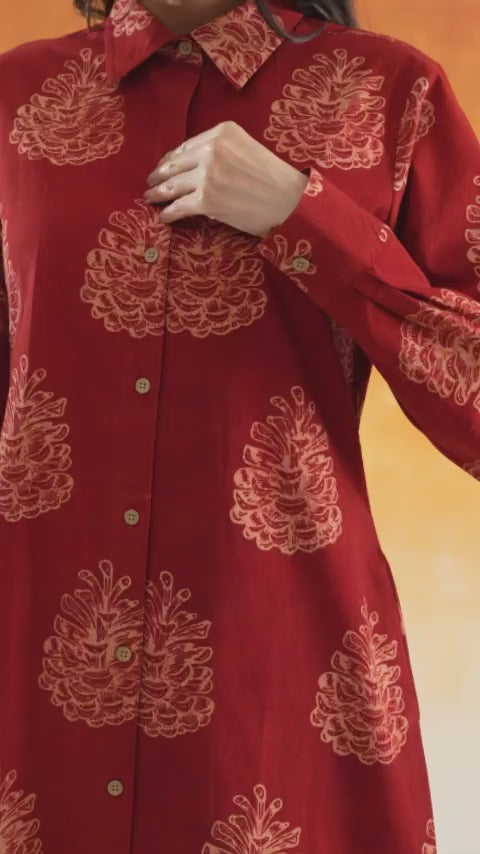 Pine shirt-style Ajrakh cotton kurta set in madder red - World of Toji