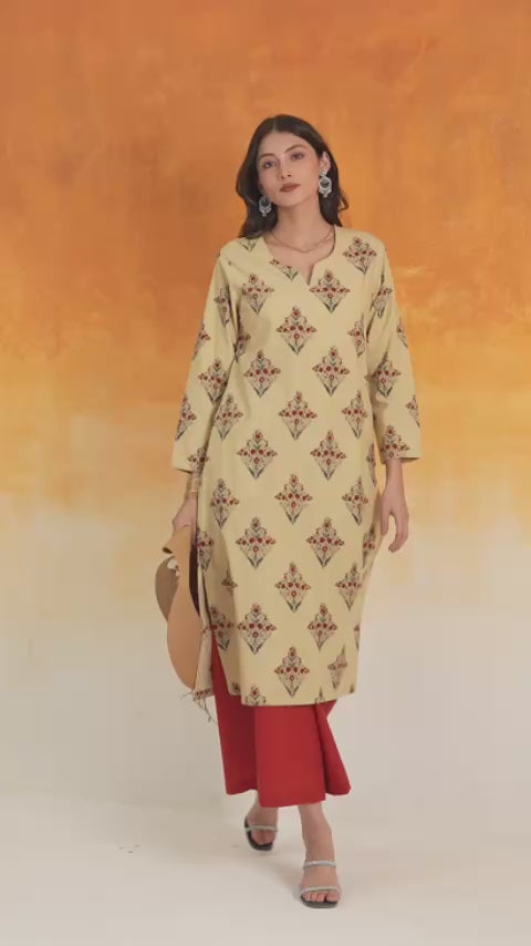 Buta straight fit Ajrakh cotton kurta set in ivory - World of Toji