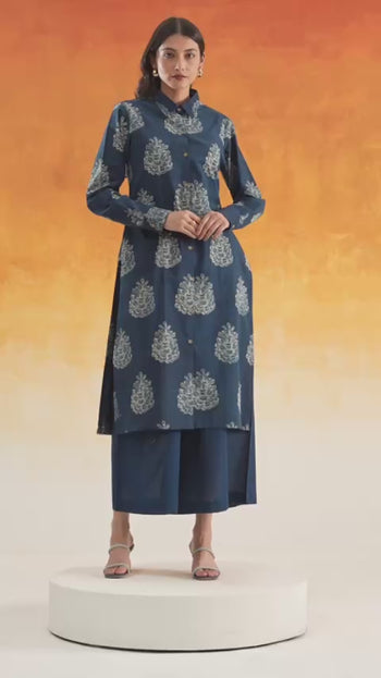 Pine shirt-style Ajrakh cotton kurta set indigo