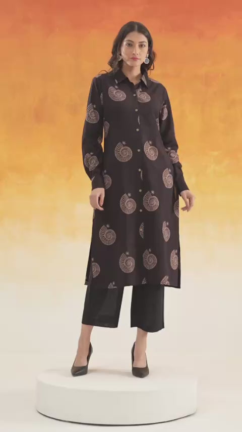 Conch black shirt-style Ajrakh cotton kurta set