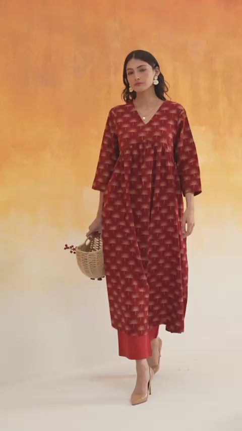 Maple Anarkali Ajrakh Block Print Cotton Kurta Madder Red - World of toji