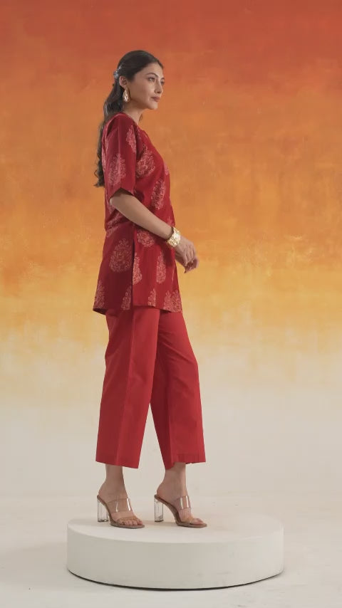 Pine Ajrakh cotton co-ord set in madder red - World of Toji