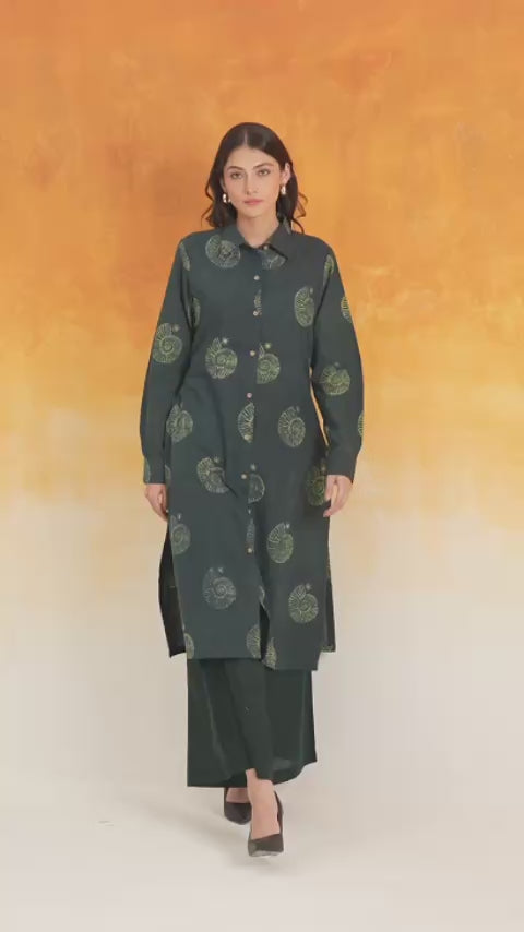 Conch shirt-style Ajrakh cotton kurta in bottle green