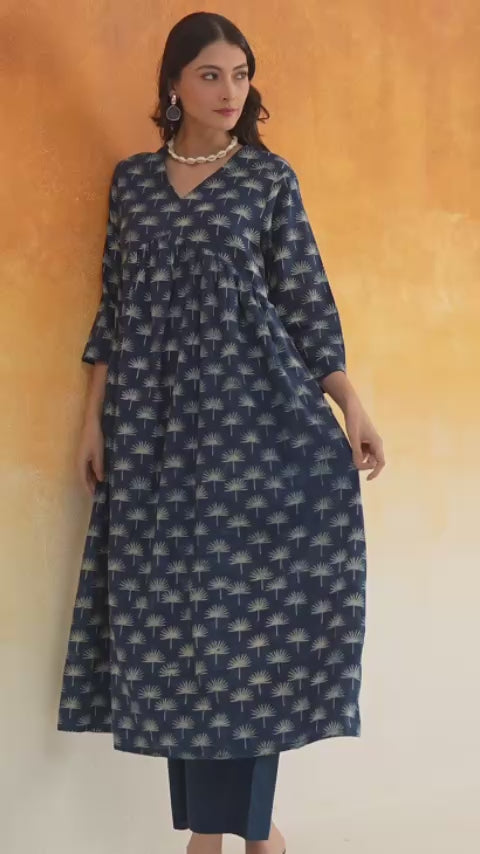 Maple Anarkali Ajrakh Block Print Cotton Kurta Indigo - World of Toji
