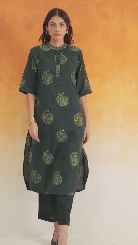 Bottle green Conch A-line Ajrakh cotton kurta set - Word of Toji