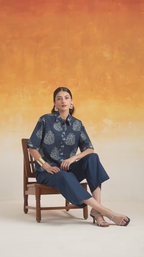 Pine shirt-style Ajrakh cotton co-ord set indigo