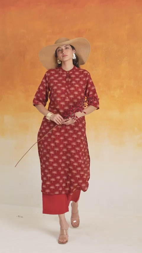 Maple A-line Ajrakh cotton kurta set in madder red - World of toji