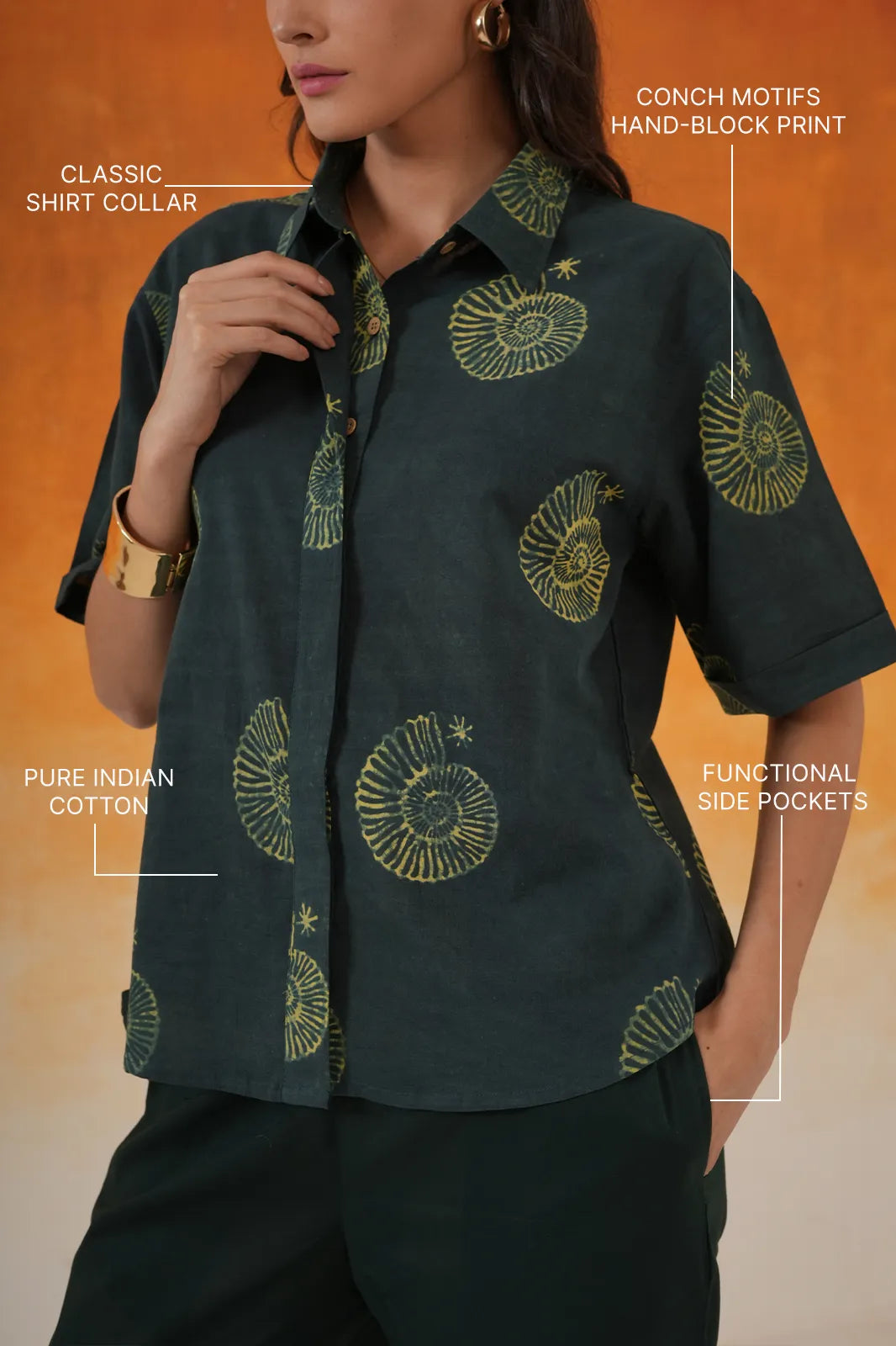 Conch Ajrakh cotton shirt in bottle green - World of Toji