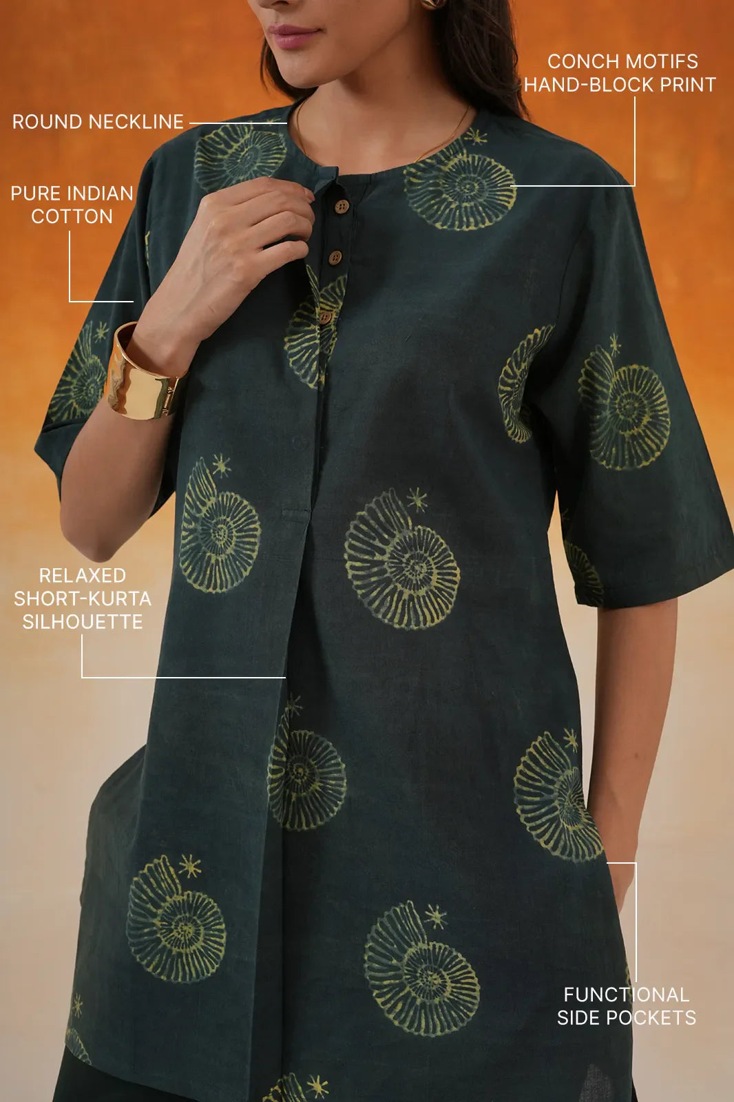 Bottle green Conch Ajrakh cotton Short kurta co-ord set - World of Toji