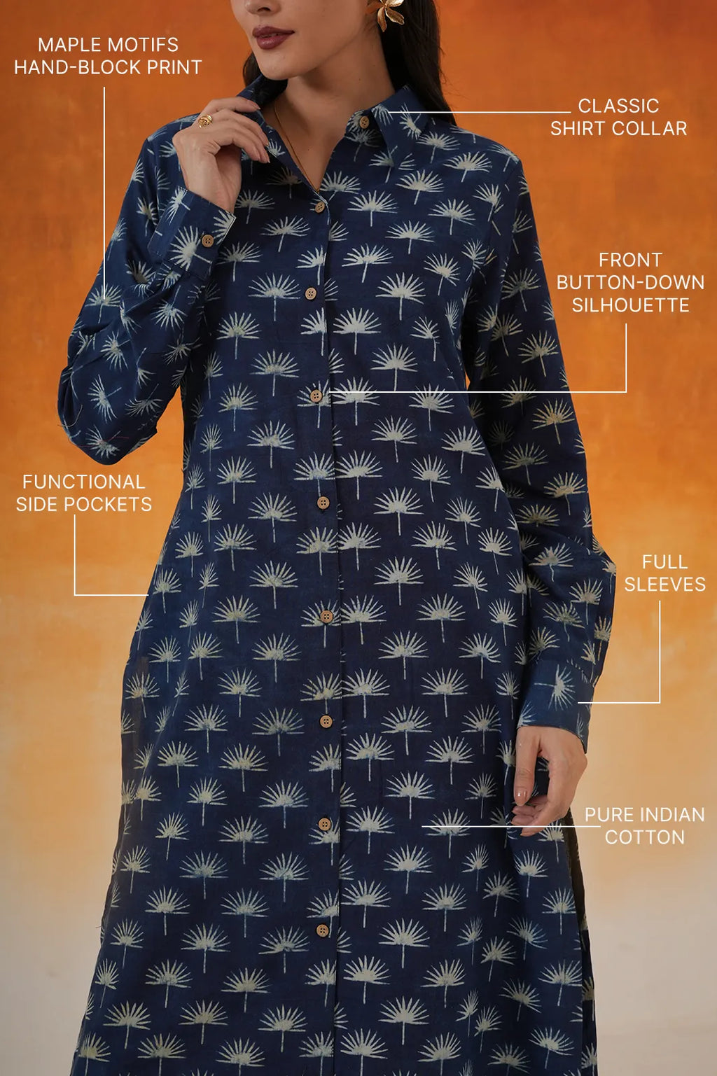 Maple Shirt Style Ajrakh Cotton Kurta - Indigo