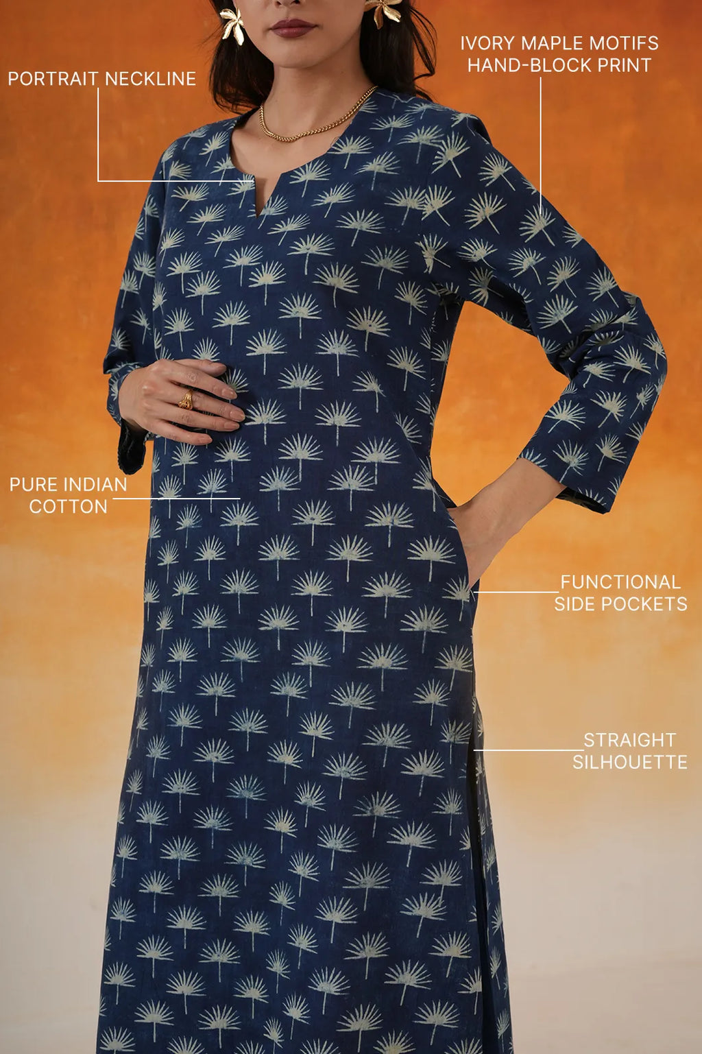 Maple Straight Ajrakh Cotton Kurta - Indigo