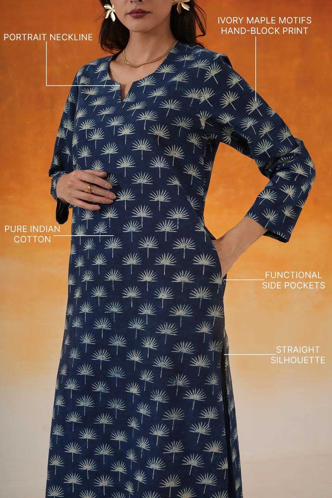 Maple straight Ajrakh cotton kurta in indigo - World of Toji