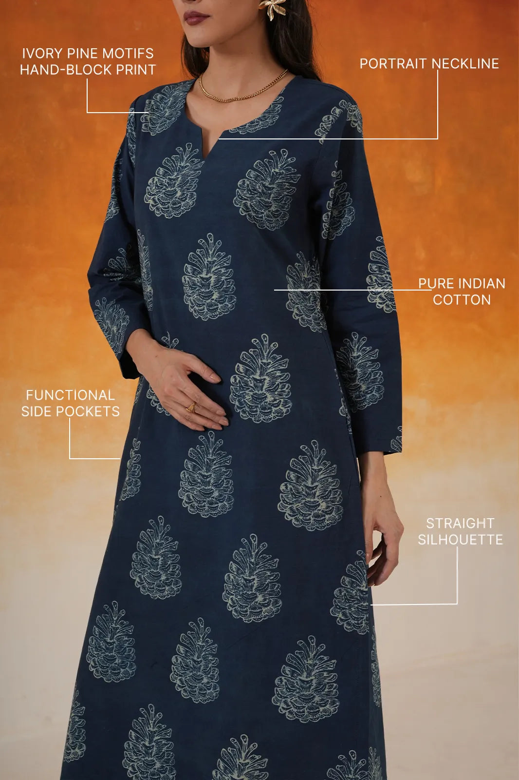 Pine straight Ajrakh cotton kurta set indigo - World of Toji
