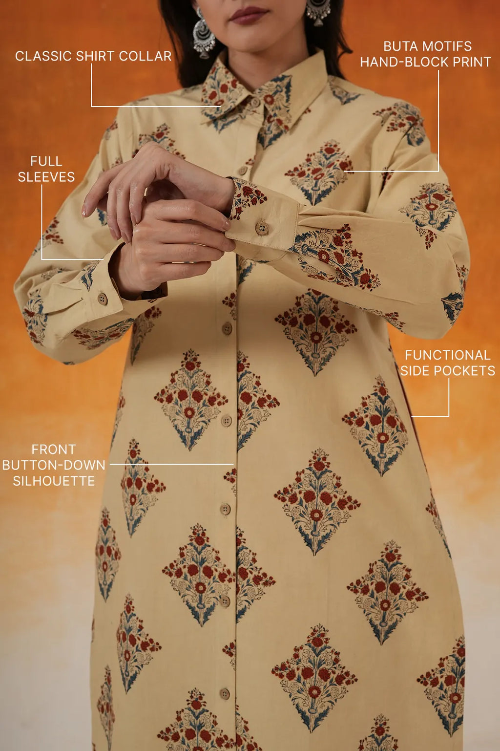 Buta Shirt Style Ajrakh Cotton Kurta - Ivory