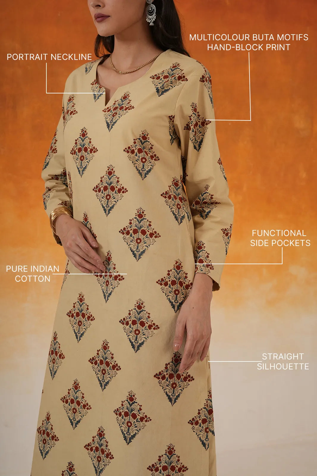 Buta straight fit Ajrakh cotton kurta set in ivory - World of Toji