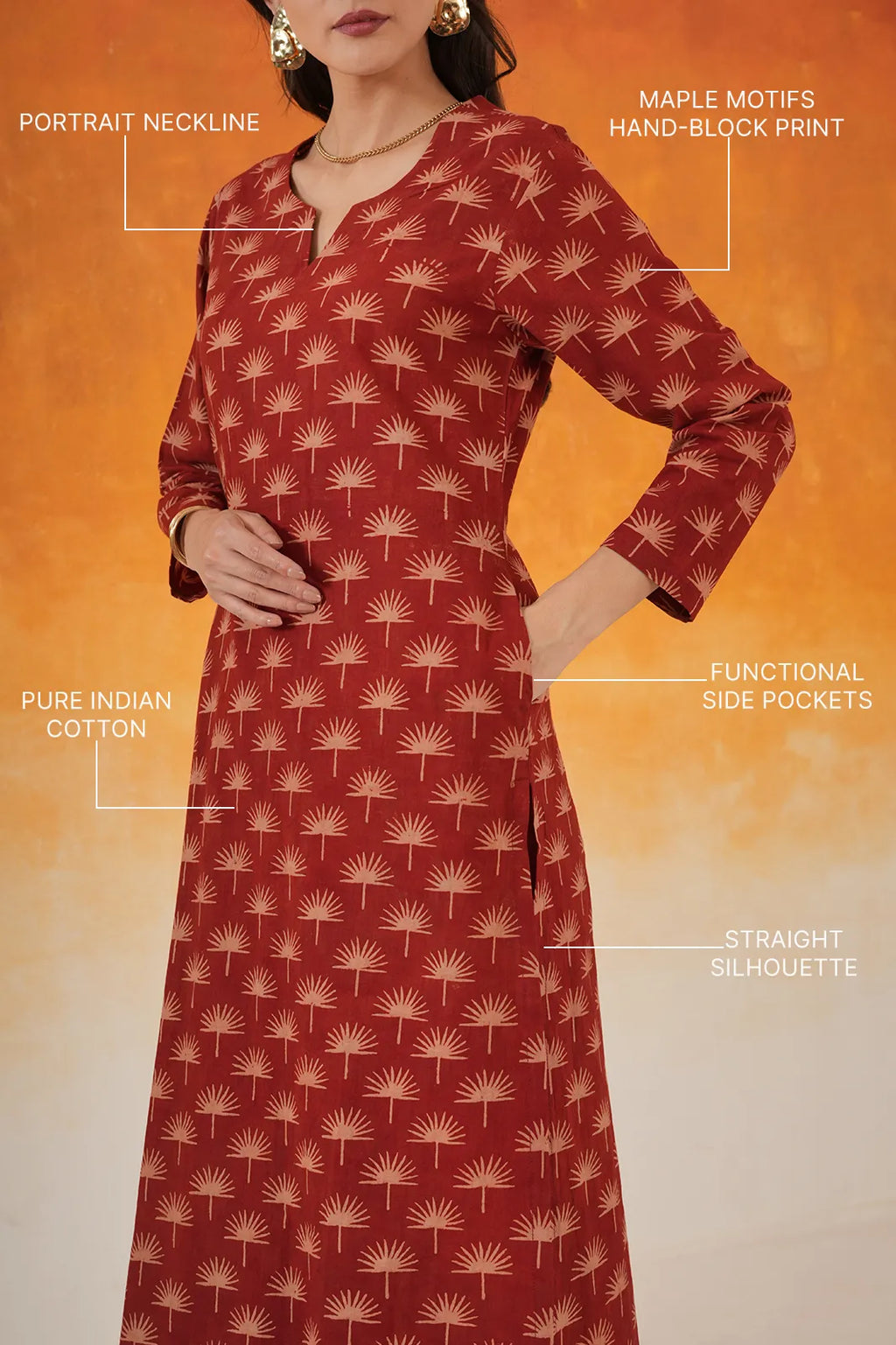 Maple straight Ajrakh cotton kurta set in madder red