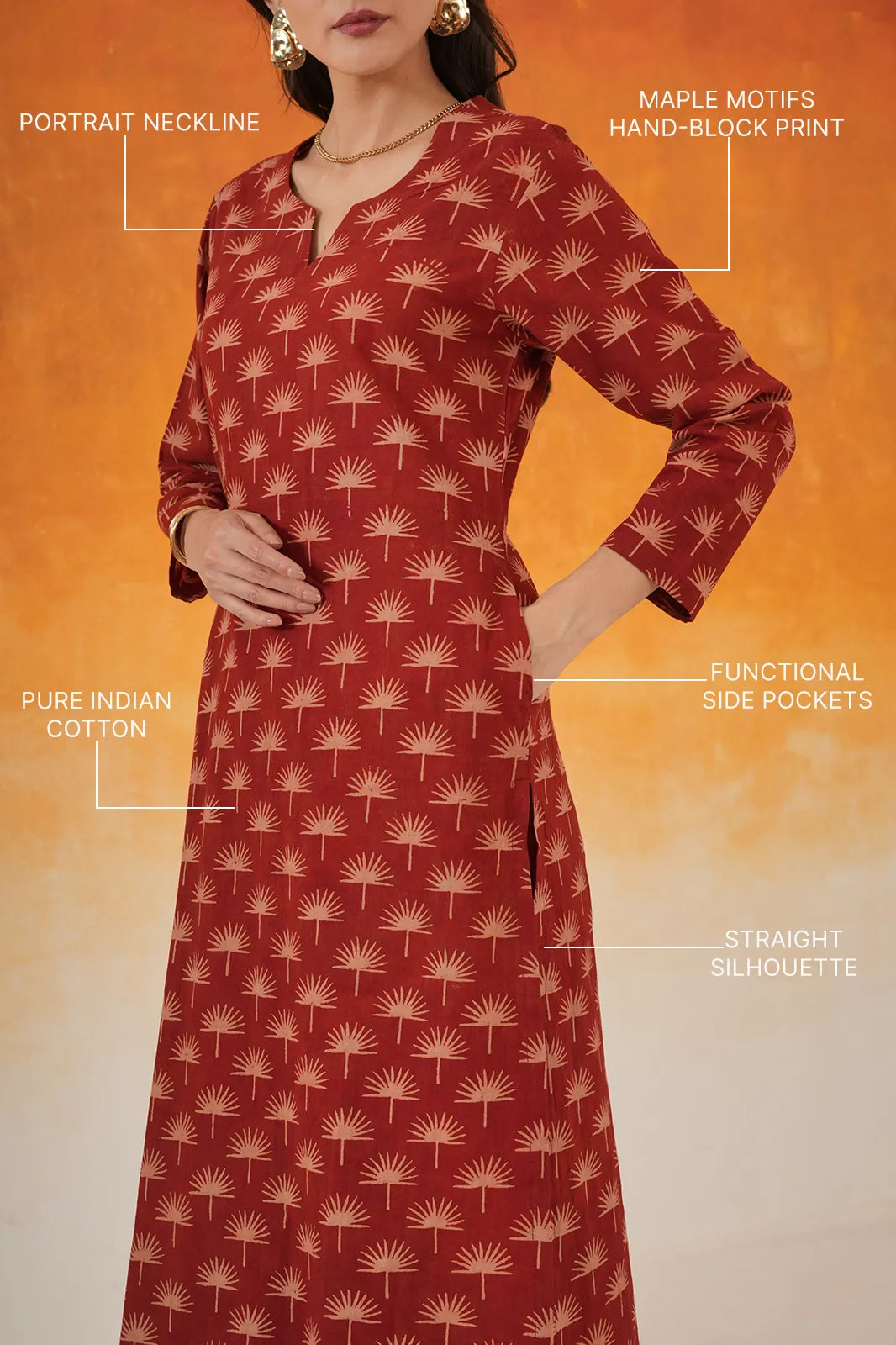 Maple straight fit Ajrakh cotton kurta set in madder red - World of Toji