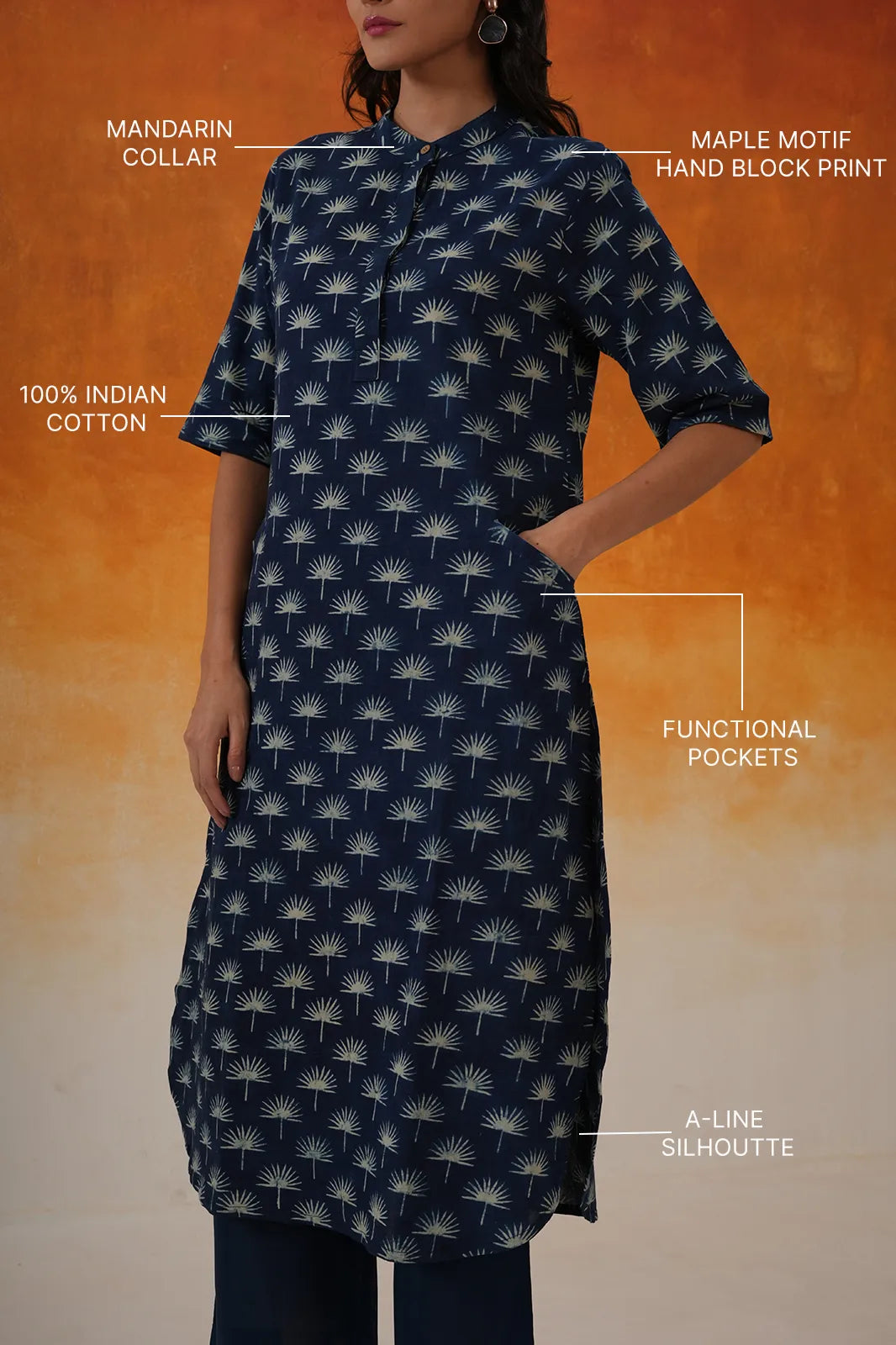 Maple A-line Ajrakh cotton kurta in indigo - World of Toji