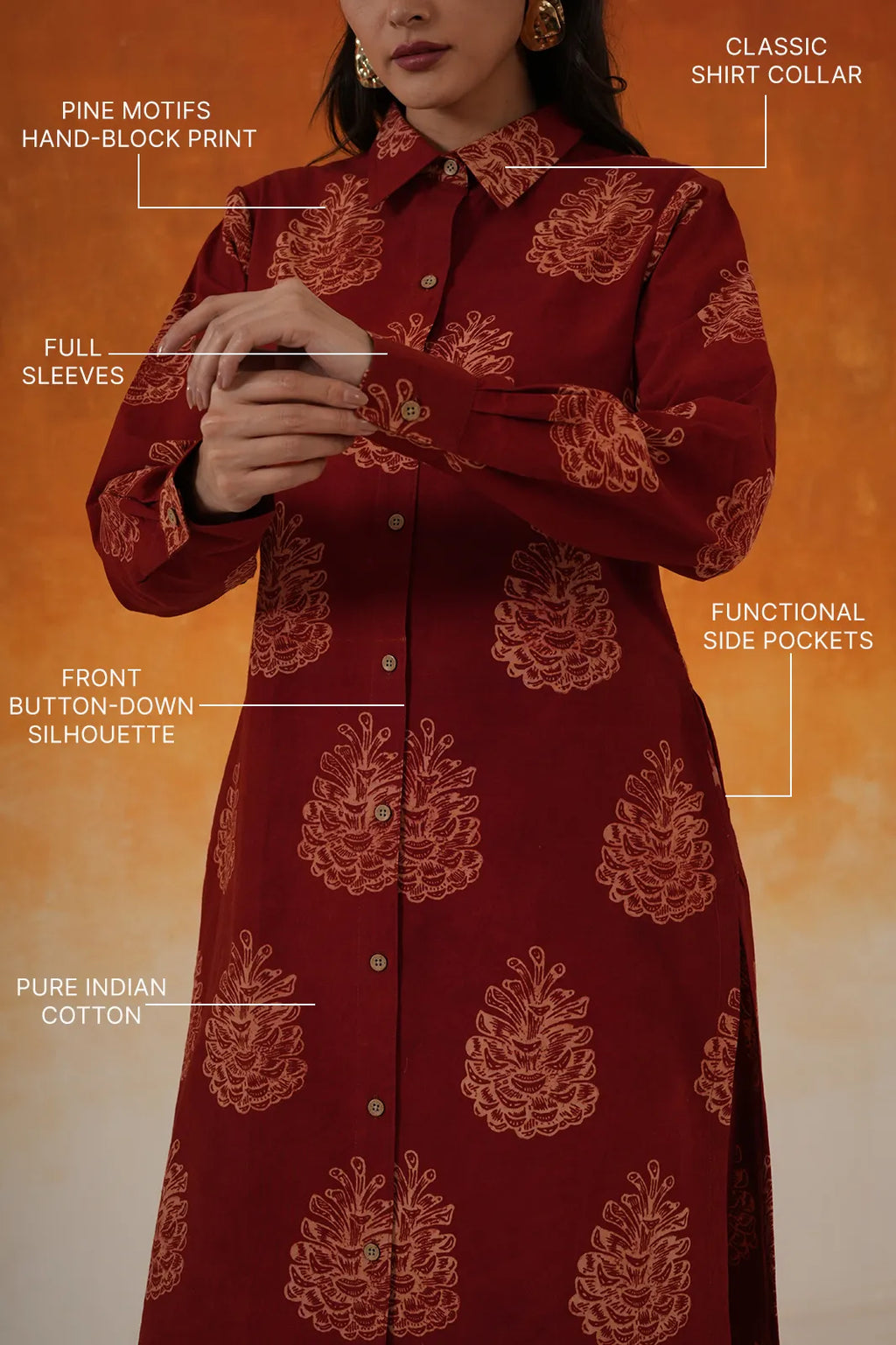 Pine Shirt Style Ajrakh Cotton Kurta - Madder Red