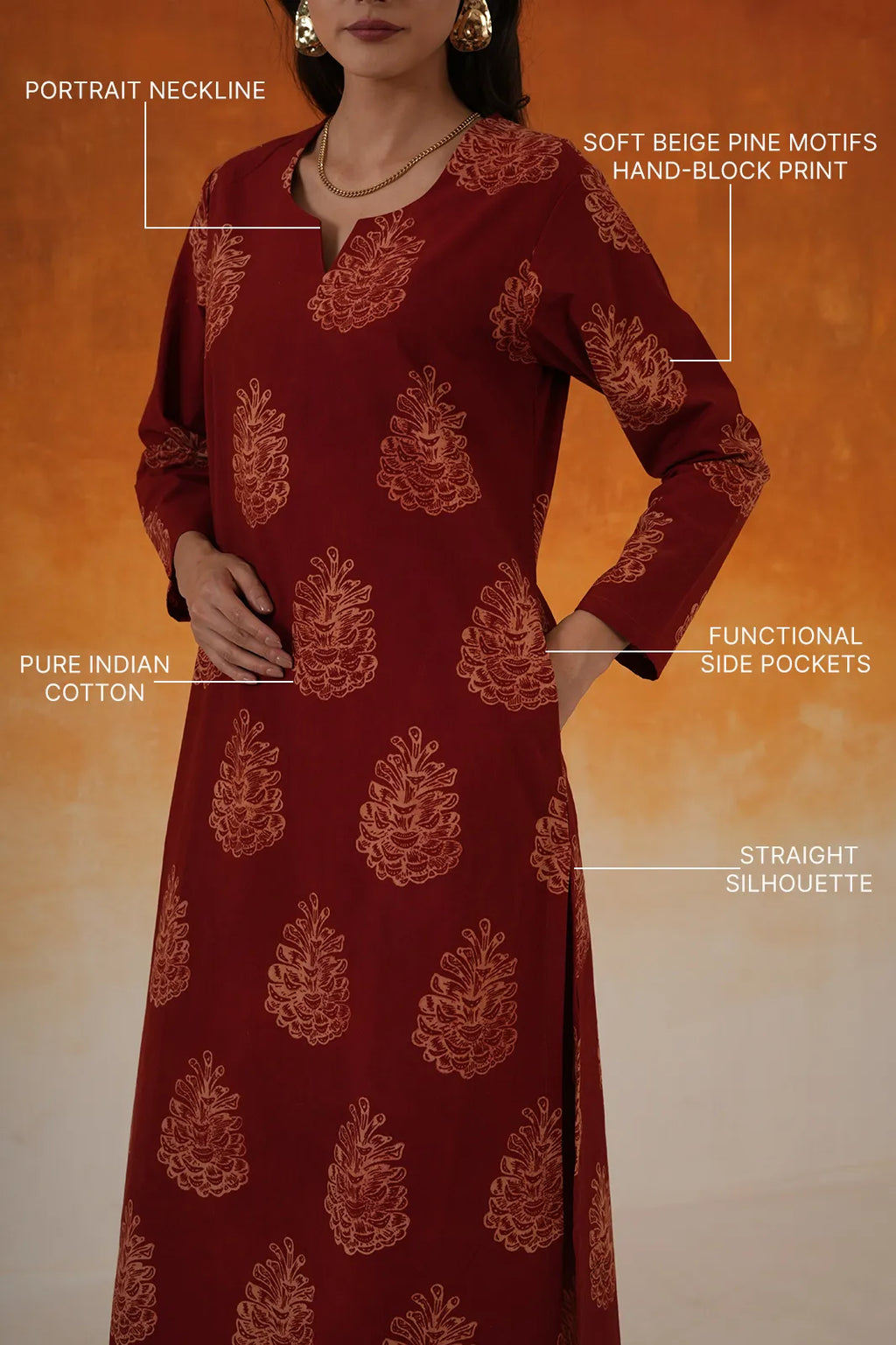 Pine straight Ajrakh cotton kurta set in madder red
