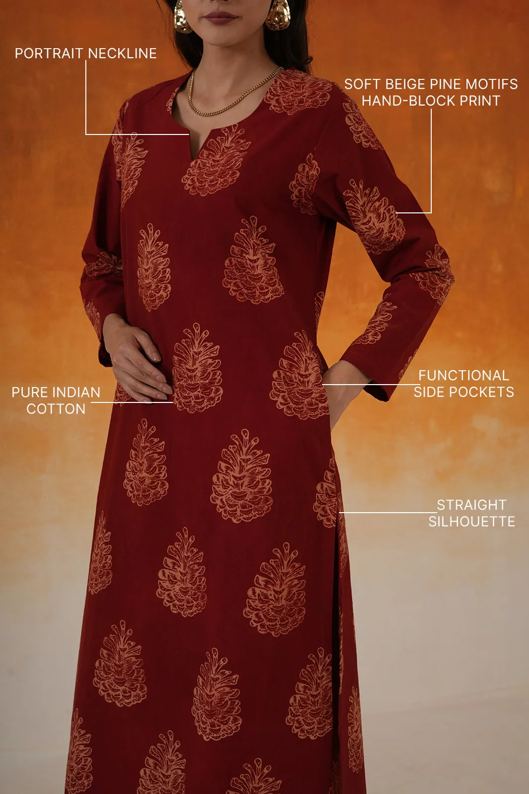 Pine straight fit Ajrakh cotton kurta set in madder red - World of Toji